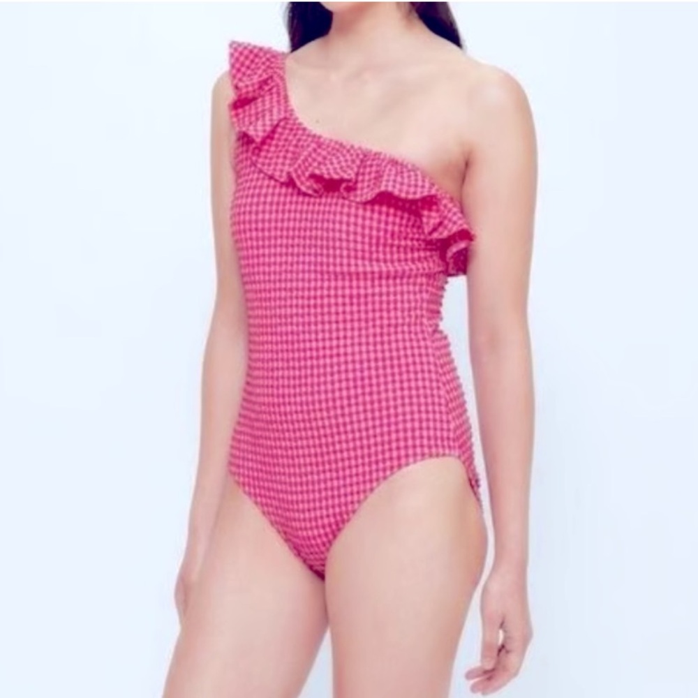 Women’s One Piece Ruffled Pink/red and white Swimsuit